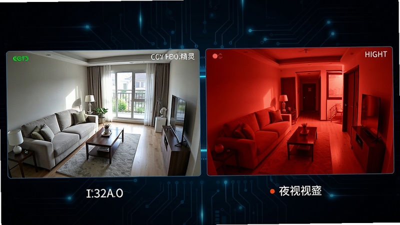 高清监控看家精灵高清画质展示图,左侧为白天清晰监控画面,右侧为夜间红外夜视效果,画面中显示客厅与走廊场景,突出画质细腻与夜视能力,背景为深色科技感元素,增强视觉对比