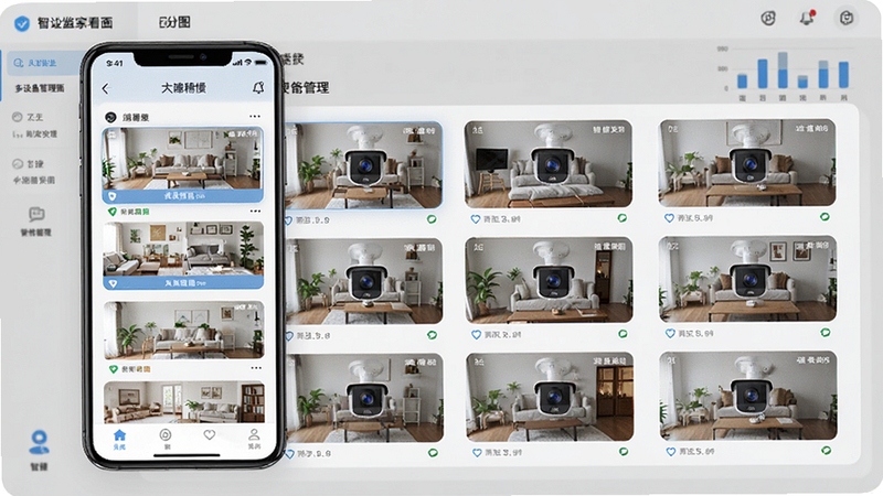 高清监控看家精灵多设备管理界面示意图,画面展示手机App中绑定多个摄像头的列表,每个摄像头显示实时画面缩略图,背景为简洁的管理面板,突出智能安防与便捷管理功能,整体风格专业清晰