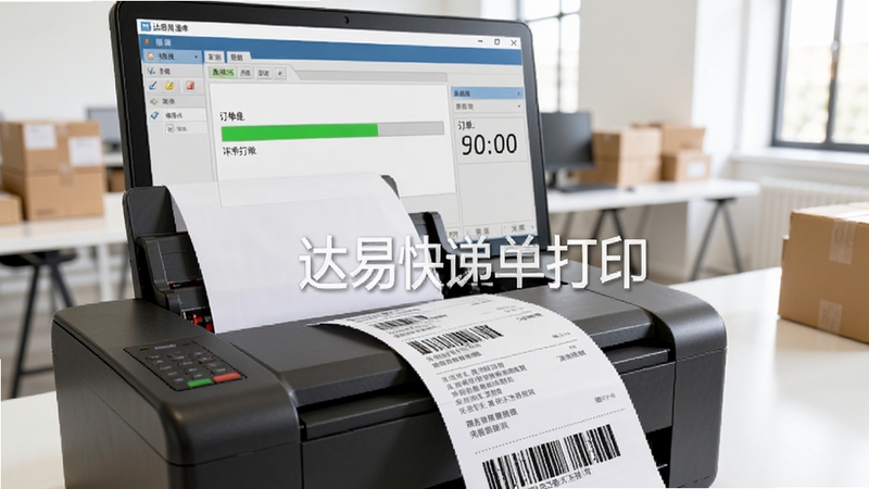 达易快递单打印软件批量打印过程,打印机快速输出多张快递面单,电脑屏幕显示打印进度条和订单计数,背景明亮,突出高效打印场景,包含软件名称水印