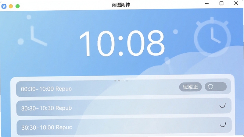 一张图图闹钟软件主界面的高清截图,整体风格简洁明亮,主窗口中央显示当前时间,下方排列着几个已经设置好的闹钟列表项,每个闹钟项都清晰标注了时间和备注文字,界面背景是柔和的渐变蓝色,画面干净整洁,突出软件的易用性和现代感,图图闹钟的字样出现在窗口标题栏。