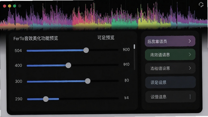 FerTo音效美化功能预览,界面展示多种音效调节滑块与预设选项,背景为彩色音频频谱,视觉上突出丰富可调性。