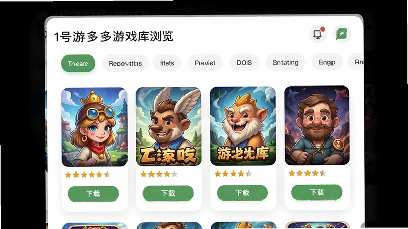 1号游多多游戏库浏览界面,展示分类标签栏、游戏封面缩略图、评分星级和下载按钮,界面采用卡片式布局,背景为白色,配色清新自然,突出游戏封面视觉