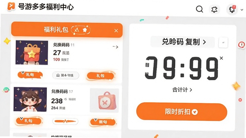 1号游多多福利中心页面截图,展示礼包列表、兑换码复制按钮、限时折扣倒计时模块,界面采用橙色高亮按钮,背景为浅灰色,突出福利内容,整体风格活泼明快