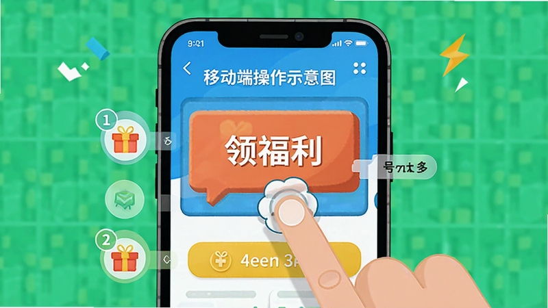 1号游多多移动端操作示意图,展示手指点击领福利的动作,背景为手机屏幕界面,附有步骤序号标注,整体风格扁平化,色彩明亮,突出易用性