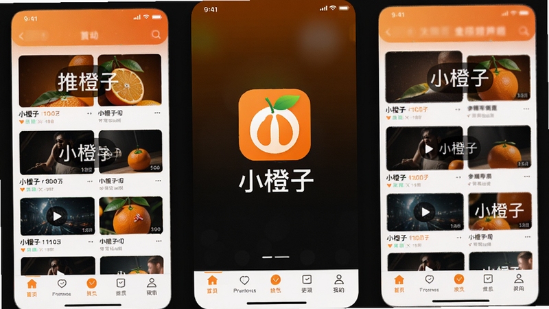 小橙子app主界面预览图,展示简洁的首页布局、推荐视频封面墙和底部导航栏,整体色调以橙色为主,背景为深色渐变,画面中央显示小橙子logo和“小橙子”字样,风格现代,高清渲染