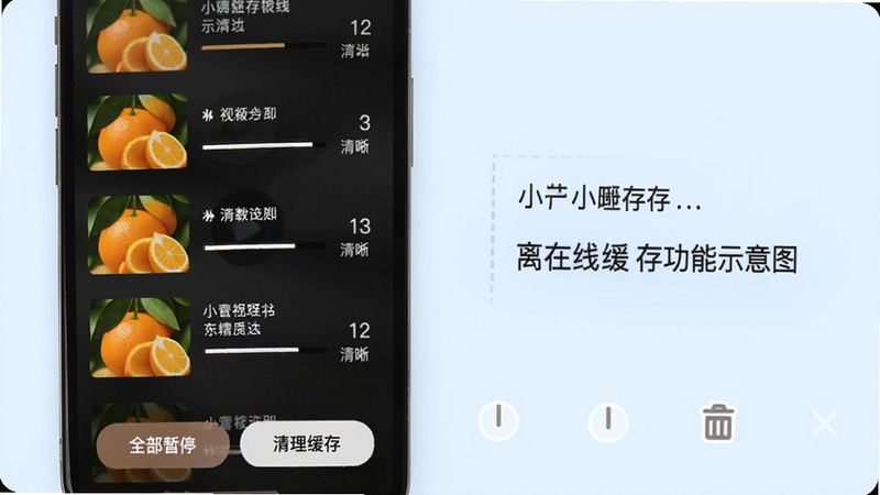 小橙子离线缓存功能示意图,画面展示手机屏幕中正在下载视频列表,每个文件显示封面、标题、进度条和清晰度标识,列表下方有“全部暂停”“清理缓存”按钮,背景为淡蓝色,风格清新