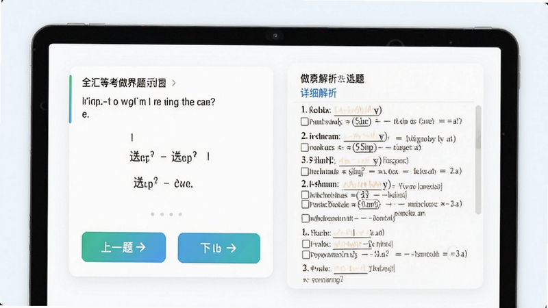 全汇等考做题界面示意图,屏幕展示一道选择题与详细解析,下方有上一题下一题按钮,背景为白色卡片风格,色调清新