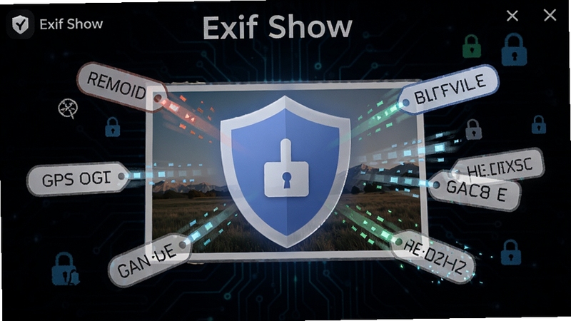 Exif Show隐私清除功能示意图,一张照片上覆盖着盾牌图标,周围有去除GPS、时间、设备等标签的动态效果,背景为深色科技感,突出Exif Show软件安全特性。