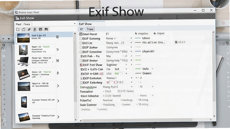 Exif Show软件主界面预览图,左侧图片列表,右侧详细EXIF参数面板,背景为浅灰色工作台,整体风格简约清晰,突出软件名称Exif Show。