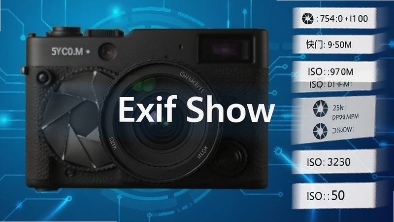 Exif Show软件功能展示图,一张数码照片旁边悬浮显示光圈、快门、ISO等参数标签,背景为渐变蓝色科技感风格,中央位置标注软件名称Exif Show。