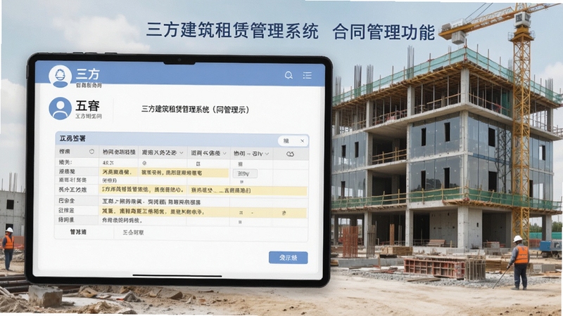 三方建筑租赁管理系统合同管理功能演示图,画面展示电子合同签署界面,三方身份标识清晰,合同条款表格高亮,背景为建筑工地办公楼,整体色调淡雅,强调在线协同与安全合规