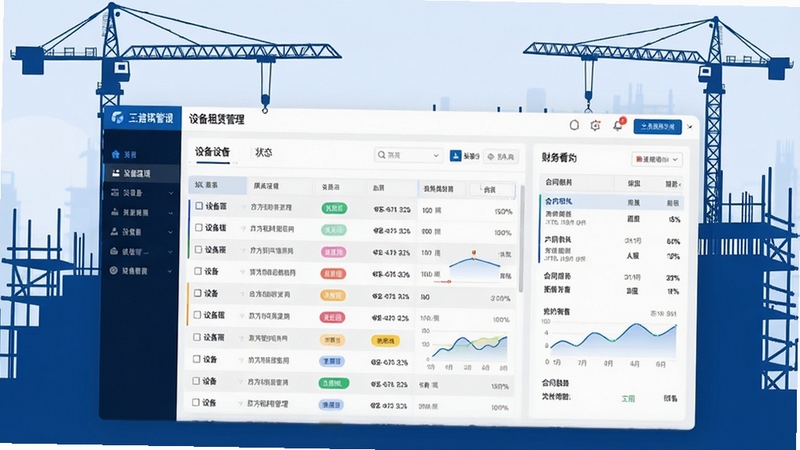 一张展示三方建筑租赁管理系统核心界面的高清预览图,画面中央为设备租赁管理仪表盘,左侧显示设备列表与状态标签,右侧为合同与财务看板,背景为建筑工地塔吊与脚手架轮廓,整体风格商务蓝白配色,界面清晰明快,突出数据可视化与协同管理理念