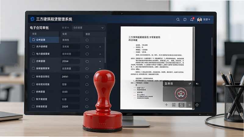 展示三方建筑租赁管理系统中的电子合同审批界面,左侧为合同列表,右侧为PDF预览及签章区域,屏幕前有一枚红色印章道具,背景为办公室桌面,画面清晰专业。