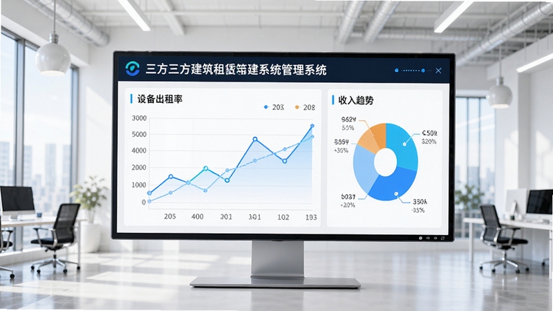 一个现代办公室内,大屏幕上显示三方建筑租赁管理系统的大数据可视化看板,包含折线图与饼图,展示设备出租率与收入趋势,画面明亮,具有科技感。