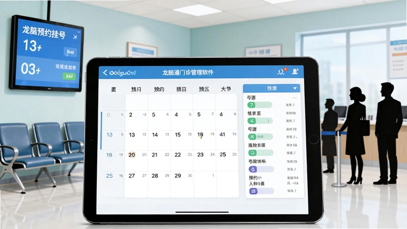 龙脑通门诊管理软件智能预约挂号功能示意图,画面主体为平板电脑上显示的预约日历与号源时段分布,背景为门诊候诊区座椅与电子叫号屏,人物剪影排队等候,色调清新明亮,突出高效有序的候诊场景,适合Boogu模型生成。