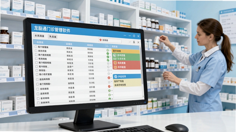 龙脑通门诊管理软件药品库存管理界面截图,画面主体为电脑屏幕上展示的药品列表与库存预警颜色标识,背景为药房货架与药师整理药品的场景,色调以浅蓝和白色为主,突出药品管理的专业性与便捷性,适合Boogu模型生成。
