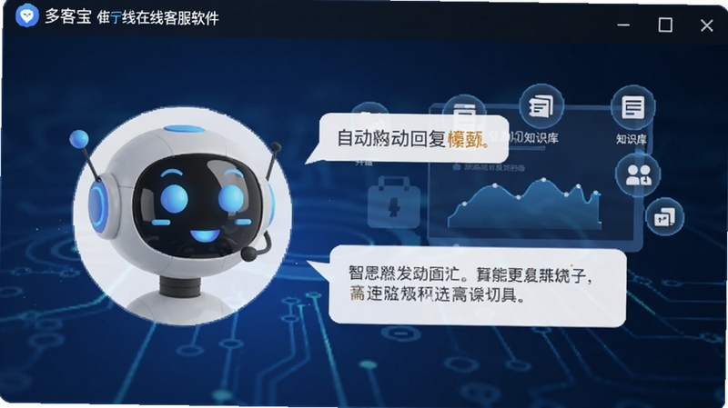 网站多客宝在线客服软件智能机器人对话界面,机器人头像与自动回复气泡,背景有知识库图标,科技感十足