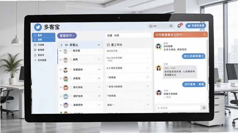 网站多客宝在线客服软件主界面预览图,展示客服工作台、访客列表和实时对话窗口,背景为现代办公场景,整体明亮清晰,界面友好