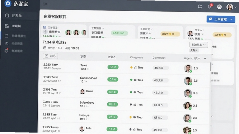 网站多客宝在线客服软件工单管理界面,显示工单列表、状态标签与负责人头像,背景为任务看板风格