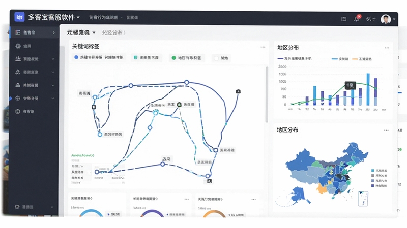 网站多客宝在线客服软件访客行为追踪数据面板,包含轨迹路线、关键词标签、地区分布,背景为数据分析图表