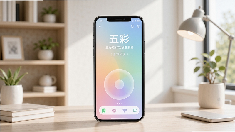 五彩软件功能总览,画面中央展示一部运行五彩应用的智能手机,屏幕呈现柔和渐变色彩,背景为现代简约书房,光线自然,整体风格清新明亮,突出护眼与阅读主题
