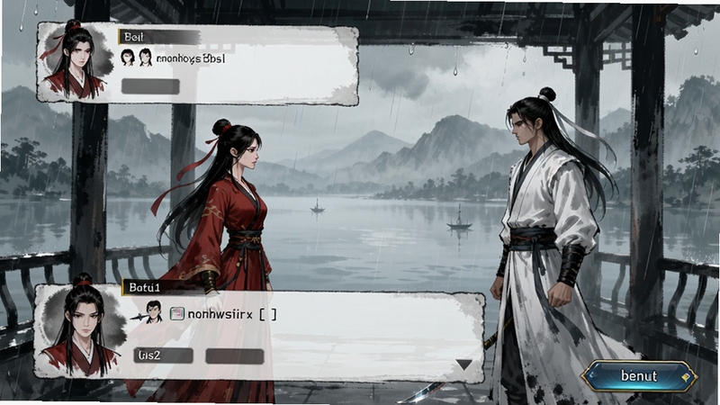 烟雨江湖剧情对话场景,一名红衣女子与白衣侠客在雨中凉亭对峙,背景是朦胧的湖面和远山,对话框显示角色立绘与文字选项,画面充满戏剧张力,水墨渲染风格,游戏UI按钮精致,突出选择与后果的沉重感