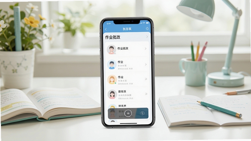 作业答案批改软件主界面预览图,画面中央显示手机APP界面,包含拍照批改按钮和作业列表,背景为明亮的学习书桌场景,色彩清新自然