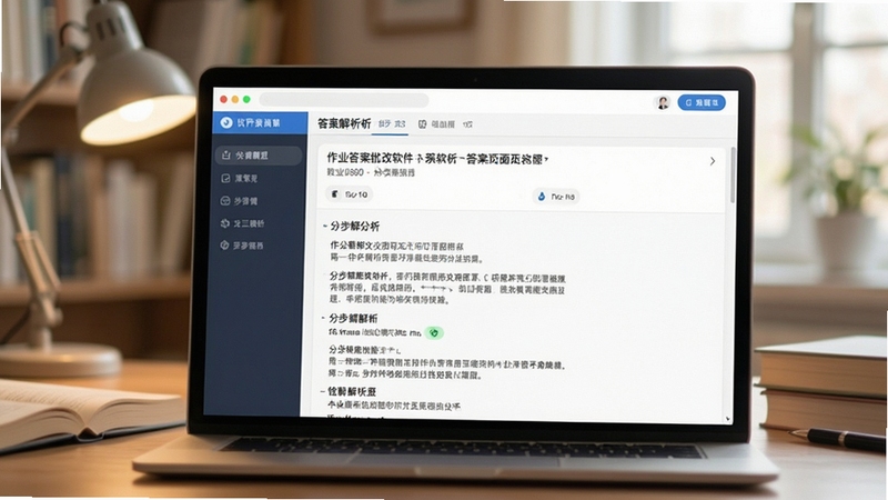 作业答案批改软件答案解析页面展示图,界面显示题目和分步解析文字,背景为柔和的学习环境,突出教育辅导氛围