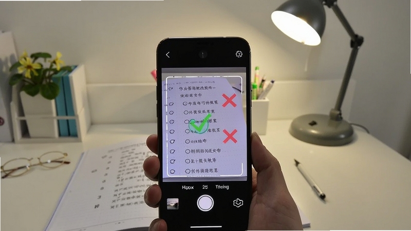作业答案批改软件拍照批改功能演示图,展示手机扫描作业本,屏幕上浮现对勾和叉号标记,背景为整洁的书桌和台灯,画面清晰明亮
