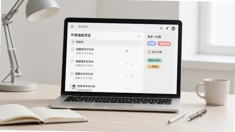 作业答案批改软件错题本功能预览图,屏幕上显示错题列表和分类标签,背景为简约书桌和笔记本,风格清爽
