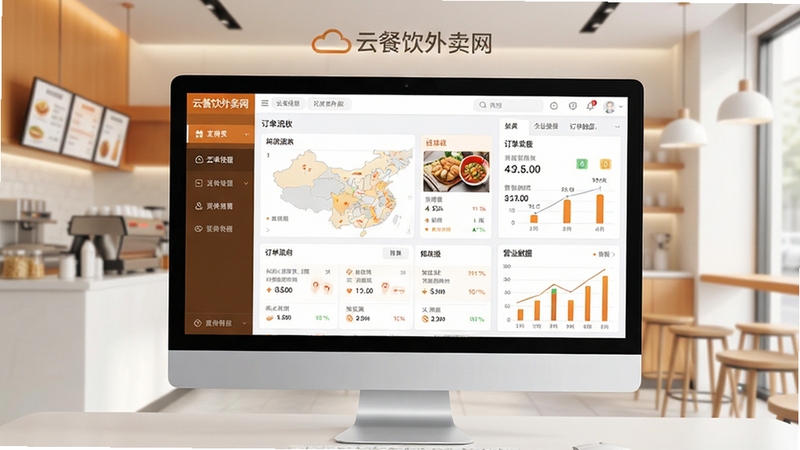 生成一张展示云餐饮外卖网核心功能的宽幅电脑界面预览图,画面中央是清晰的软件主界面仪表盘,左侧为功能导航栏,右侧显示订单流水与营业数据图表,背景为简洁明亮的现代餐饮店铺环境,整体色调以暖橙色和白色为主,突出科技感与实用性,画面中可隐约看到“云餐饮外卖网”字样标识,风格写实清晰,适合软件介绍页面使用