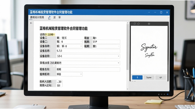 蓝格机械租赁管理软件合同管理功能界面截图,屏幕显示一份已生成的租赁合同,包含设备名称、租金、租期等字段,右侧为电子签名区域,背景为办公桌面,画面清晰明亮