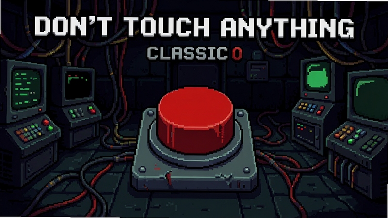 Please Don't Touch Anything Classic 游戏主界面预览图,一个昏暗的机房场景,画面中央有一个巨大的红色按钮,四周布满电线和显示屏,整体氛围神秘而诡异,像素风格,高细节,游戏截图风格