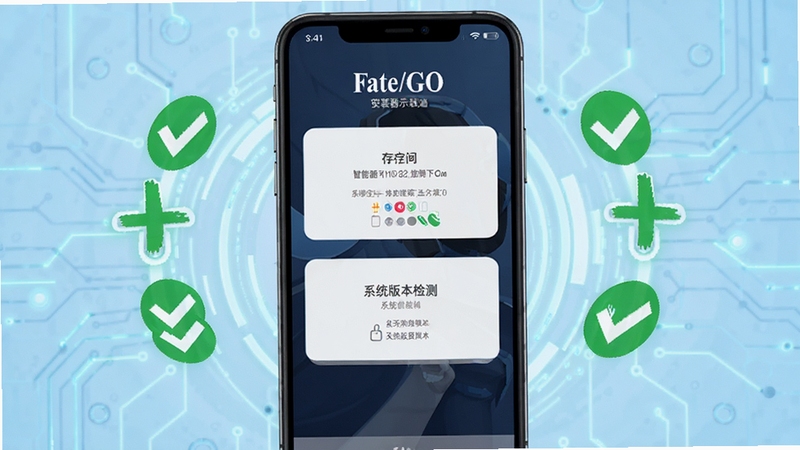 Fate/GO安装器功能示意图,展示手机屏幕内进行存储空间与系统版本检测的界面,周围有绿色对勾图标表示检测通过,背景为浅蓝色科技感光效,强调智能检测的可靠与便捷。