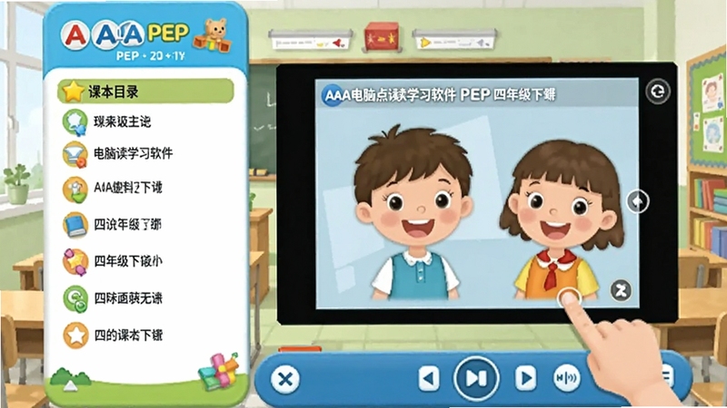 AAA���Ե��ѧϰ����PEP���꼶�²������棬���Ϊ�α�Ŀ¼���Ҳ�Ϊ���ҳ�棬�ײ����ſ�����������Ϊ�������ң�������������£��ʺ�Сѧ��ʹ��