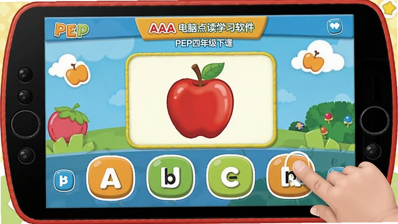 AAA���Ե��ѧϰ����PEP���꼶�²ᵥ��ƴ����Ϸ���棬��Ļ������ʾƻ��ͼƬ���·��ĸ���ĸѡ�������ָ�����ȷ��ĸ������ɫ��������ͨ���