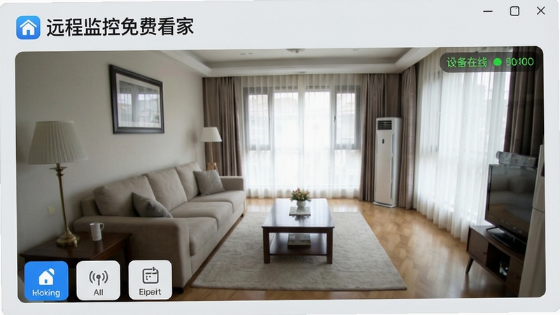 一张展示远程监控免费看家软件主界面的高清截图,画面中央是实时监控视频流,显示客厅场景,左下角有功能按钮图标,右上角显示设备在线状态,整体风格简洁明亮,UI设计现代,背景为浅灰色,突出软件名称“远程监控免费看家”的Logo标识,适配Boogu模型生成
