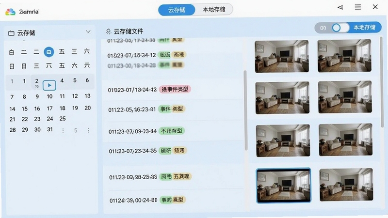 远程监控免费看家软件的云存储管理界面截图,画面展示录像文件列表,包含日期、时间、事件类型标签,背景为浅蓝色调,界面布局清晰,左侧有日历控件,右侧显示录像缩略图,顶部有“云存储”和“本地存储”切换按钮,整体风格专业