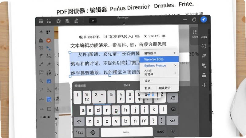 PDF阅读器和编辑器的文本编辑功能演示图,屏幕中显示一段PDF文字被选中并弹出编辑菜单,同时有虚拟键盘弹出,背景是放大的文档页面,展示文字修改和格式调整的操作界面,画面清晰展示编辑工具的便捷性。