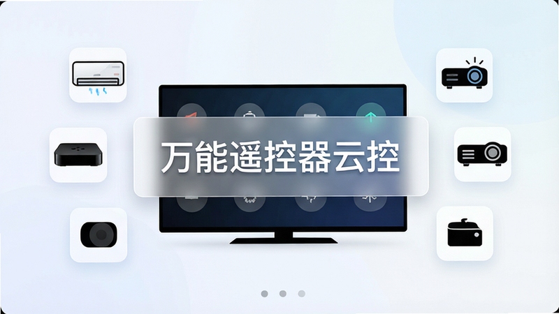 一张展示万能遥控器云控软件主界面的高清截图,界面设计简洁现代,背景为浅色渐变,中央是一台大屏智能电视的轮廓,周围环绕着空调、机顶盒、投影仪等家电图标,半透明浮层上显示“万能遥控器云控”字样,整体风格科技感与生活感融合,画面主体突出遥控功能,背景区域干净整洁,适配Boogu模型生成