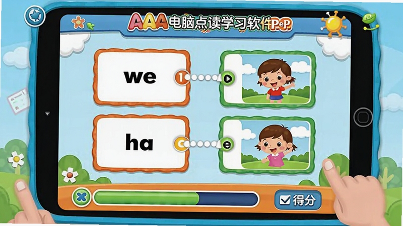 AAA���Ե��ѧϰ����PEP���꼶�²�Ļ�����ϰ���棬��Ļ��չʾ���ʿ�Ƭ��ͼƬ�����Ϸ���·��н������͵÷���ʾ������ɫ�ʷḻ����ͨԪ�ؽ϶࣬�ʺ�Сѧ���Ӿ�ƫ�á�