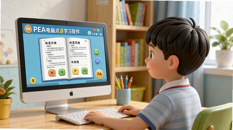 一幅温馨的儿童书房场景,电脑屏幕显示AAA电脑点读学习软件PEP六年级下册的界面,界面中有清晰的课本页面和点读按钮,旁边坐着一个正在认真跟读的小学生,整体色调明亮活泼,背景有书架和绿色植物,画面清晰,风格写实,分辨率高。