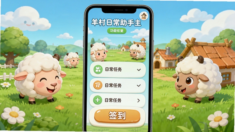 羊村日常助手主界面预览图,画面中央显示卡通羊村场景与功能菜单,背景为清新草地蓝天,色彩明亮,UI风格圆润可爱,展示日常任务列表和签到按钮,整体呈现轻松愉快的手机应用界面