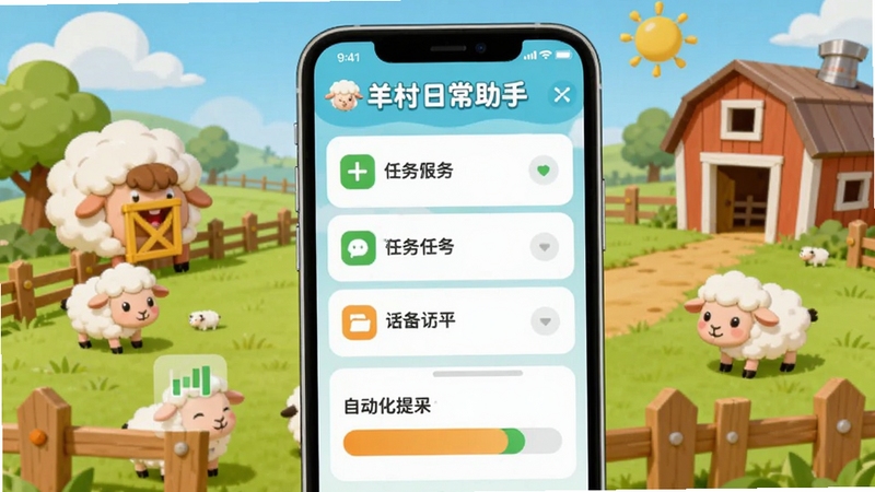 羊村日常助手一键管理功能示意图,手机界面展示任务列表和进度条,背景为羊村农场场景,有栅栏和小羊,色彩活泼,突出便捷操作和自动化提示,风格卡通简洁