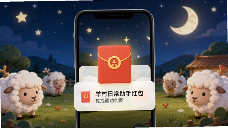 羊村日常助手红包提醒功能图,手机屏幕弹出红包通知,背景为羊村夜晚场景,有星星和月亮,红包图标醒目,色彩温馨,体现及时提醒和奖励氛围,设计直观