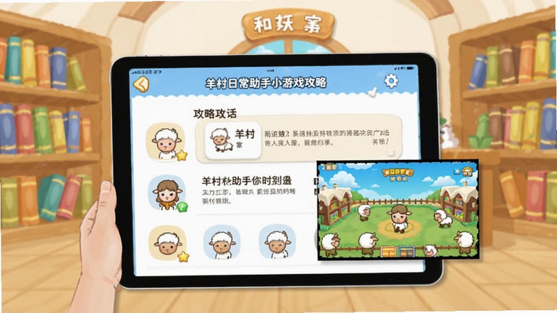 羊村日常助手小游戏攻略展示图,平板上显示攻略文章和游戏截图,背景为羊村图书馆场景,书架上有彩色书本,风格简约明亮,突出知识性和实用性
