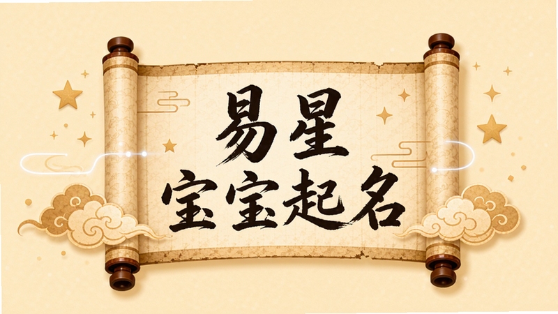 易星宝宝起名应用主界面预览图,画面以温暖的米黄色为背景,中央展示一个古风卷轴,卷轴上用毛笔字书写着“易星宝宝起名”六个大字,卷轴两侧点缀着祥云和星星的图案,整体风格典雅温馨,突出传统文化与现代科技的结合,画面清晰,适合作为软件介绍首图