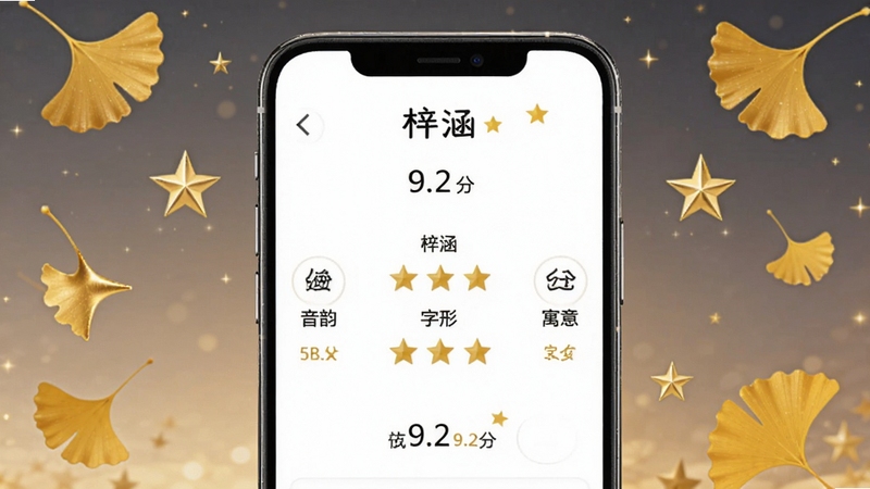 易星宝宝起名名字评分功能展示图,画面模拟手机界面,展示一个名为“梓涵”的名字评分详情页,包含音韵、字形、寓意三个维度的五角星评分,总分高达9.2分,背景点缀着金色的星星和飘落的银杏叶,视觉风格精致,突出评分系统的专业性与美观性