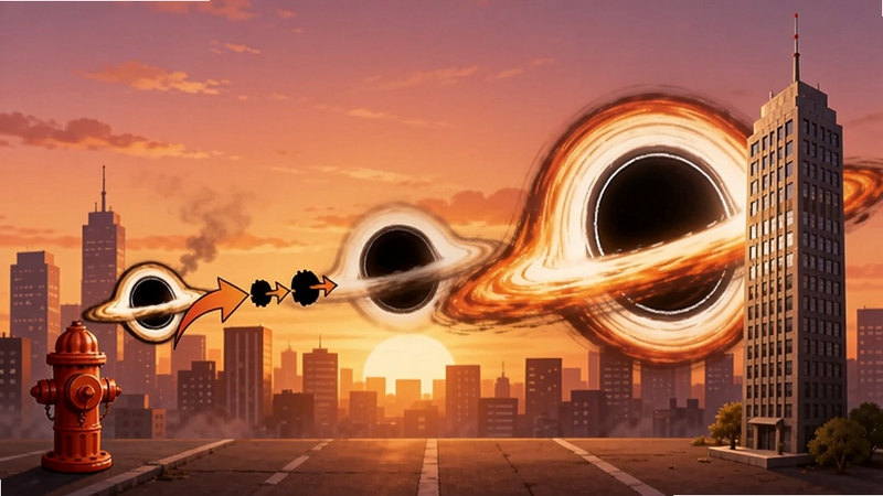 黑洞大作战吞噬成长过程示意图,画面左侧是一个小型黑洞正在吃掉一个消防栓,右侧是一个巨型黑洞正在吞下一栋高楼,中间用箭头展示体积变大的过程,背景是黄昏城市天际线,色彩温暖,突出对比