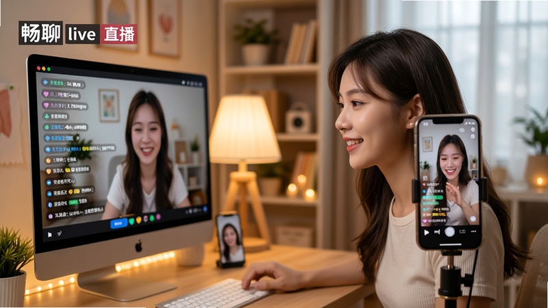 畅聊live高清直播场景预览图,画面展示一位年轻主播在布置温馨的直播间内进行视频直播,电脑屏幕上有实时弹幕飘过,手机支架上的手机显示直播画面,光线柔和,色彩自然,突出高清画质与互动氛围